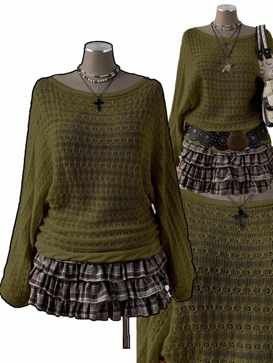 Sunspun Áo len nữ cỡ lớn kiểu Bohemian/Y2K khoét rỗng, tay loe dài, màu trơn, thích hợp cho kỳ nghỉ, phù hợp cho mọi mùa, màu xanh ô liu. - xanh quân đội - Xem 1