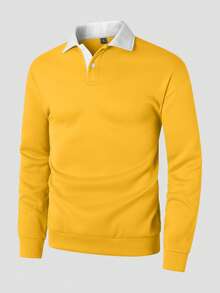Manfinity Hypemode Áo nỉ cổ polo tay dài màu tương phản dáng rộng dành cho nam chơi bóng bầu dục, mùa thu/đông - Màu vàng - Xem 4