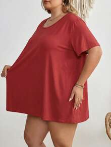 SHEIN CURVE+ Áo thun tay ngắn cổ tròn màu trơn cỡ lớn, kiểu dáng thường ngày, đa năng. - Gỗ đỏ - Xem 5