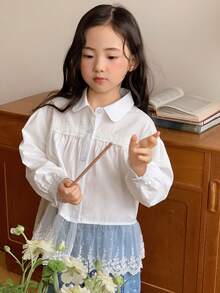 Dazy Kids 女童蕾丝拼接翻领长袖纯色衬衫，春秋季 - 白色 - 查看 4