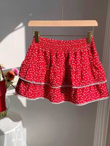 SHEIN EZwear Chân váy peplum in hình trái tim, cạp chun nhún cho nữ - Đỏ - Xem 5