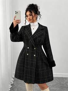Elenzga Plus Size Women's Fashionable Retro Elegant Double-Breasted Wool Coat, Versatile For Daily Wear, Minimalist And Commuter Style - Black - View 6