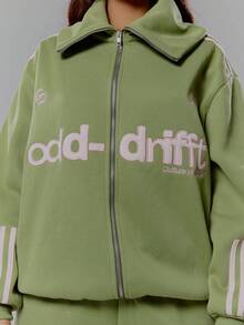 MUSERA Oversized Collar Zip Through Graphic Print Tracksuit Top Only Streetwear Coolgirl Winter Sexy Casual Odd Drift - Army Green - View 6