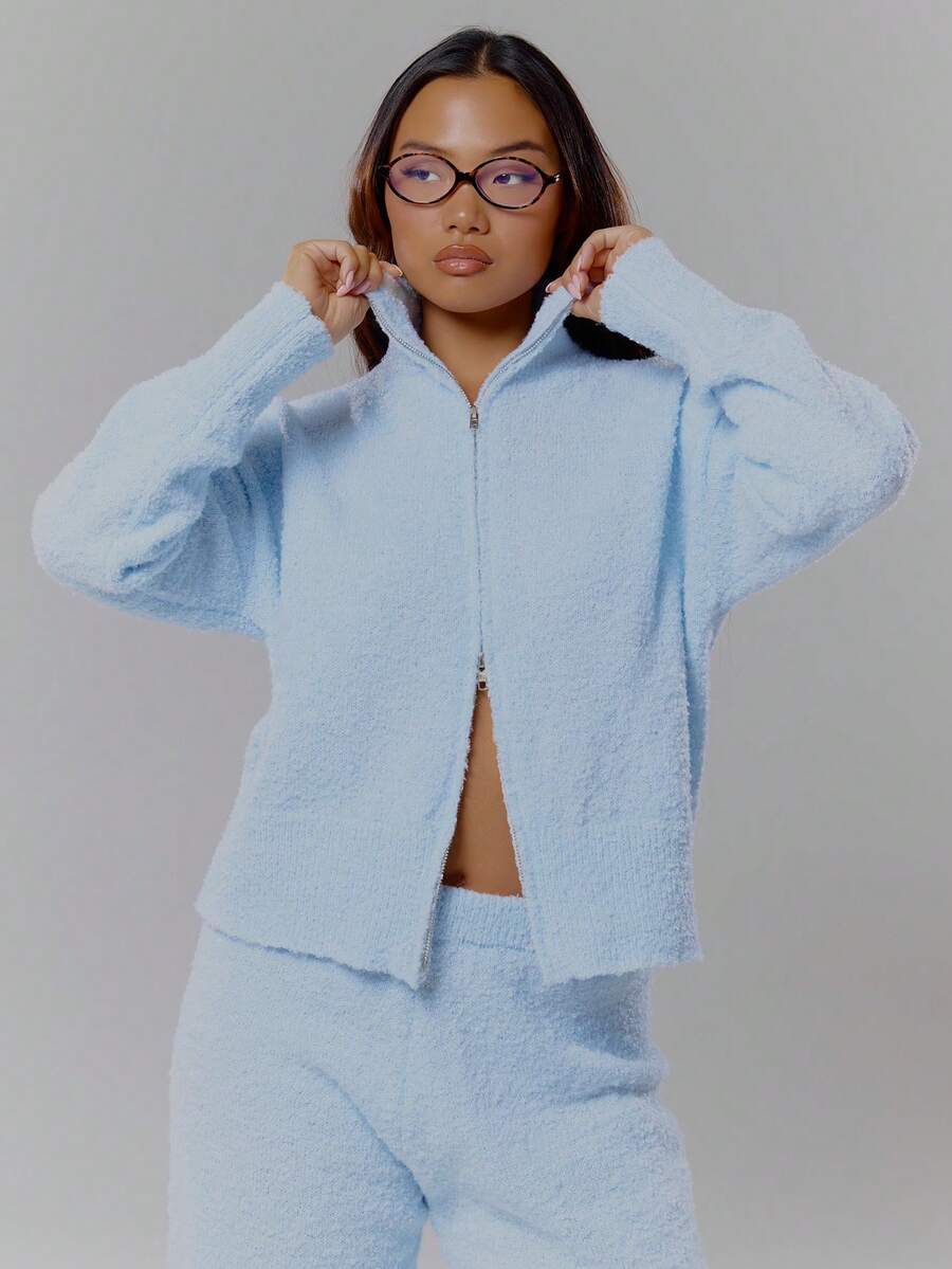 MUSERA Fluffy Knit Back Graphic Slogan Full Zip High Neck Jumper Top Spring, Girly, Day Outfits, Cute, Casual Sweet Pea - Baby Blue - View 1