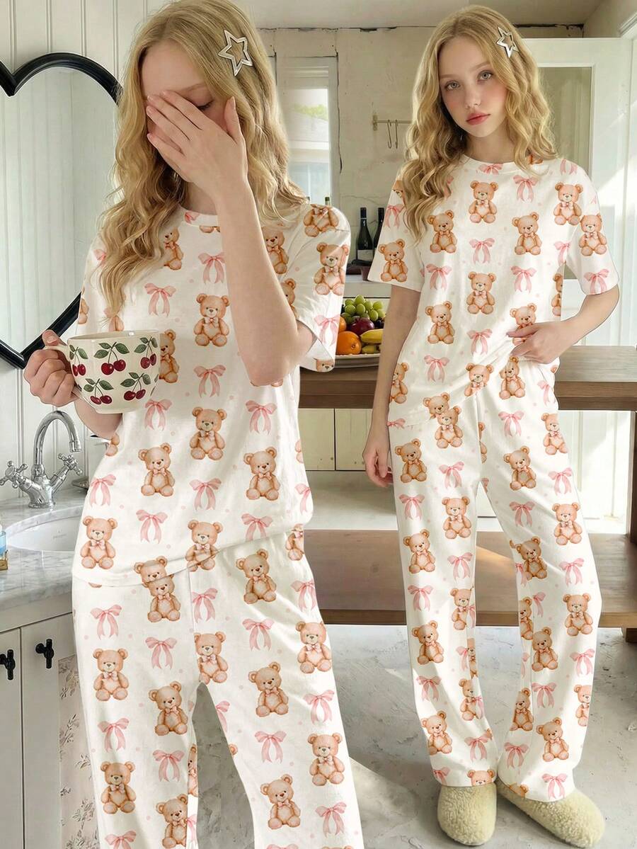 Cute Cream Pink ❤ Adorable INS Style, BM Sweet Pink Bow Bear Print Pattern, 2026, Teen Girl Casual Loose Minimalist Round Neck Drop Shoulder Short Sleeve Pants Pajamas Set, Suitable For Spring/Summer - Multicolor - View 1