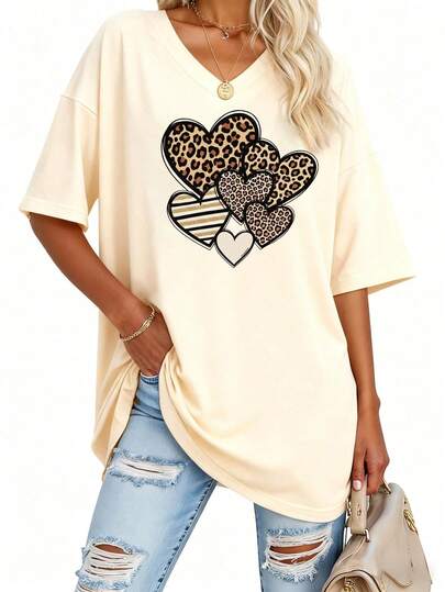EMERY ROSE Damtröja med V-ringning och leopardtryck i plusstorlek, med hjärtmönster - Avslappnad kortärmad topp för sommar och vår, medeltöjbart tyg, maskintvättbar, damtröjor