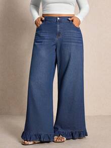 Elaquor 大码女式高腰口袋阔腿宽松休闲百搭牛仔裤 - 深色水洗藍 - 查看 3