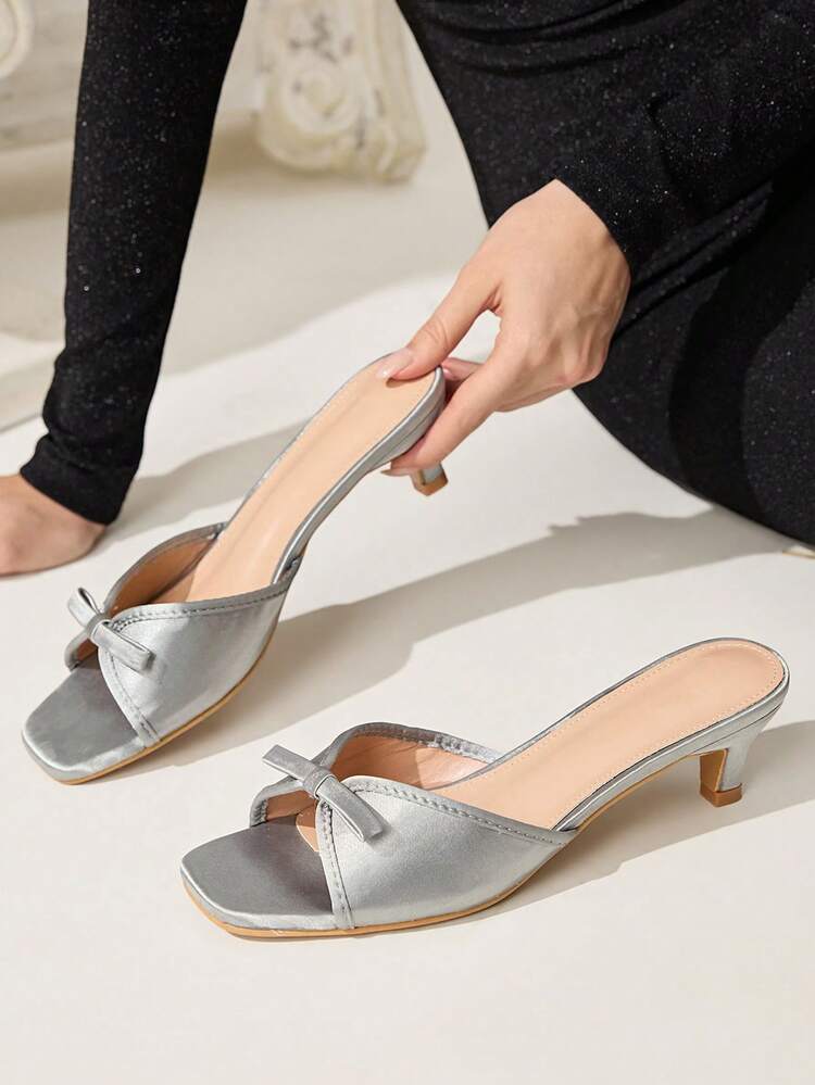CUCCOO CHICEST Women's Bow Decor Fashion Square Toe High Heel Slide Sandals Valentine's Day Elegant Shoes
