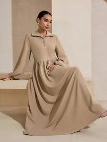 Graceveil Đầm nữ màu trơn cổ bẻ, khóa kéo, cài khuy nửa thân, tay phồng, kiểu dáng thường ngày, thích hợp cho tiệc tùng. - Màu Khaki - Xem 7