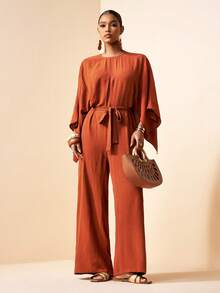 Zivah 2026 春季新品度假风音乐节复活节西部游牧风生日派对休闲街头风圆领披肩宽松系带腰身编织面料极简通勤连体裤棕色 - 咖啡棕 - 查看 1