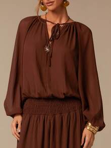 COSMINA 女士纯色抽绳腰灯笼袖连体裤，V领，灯笼裤，优雅休闲，适合度假、海滩、日常穿着，宽松版型，棕色女士连体裤 - 棕色 - 查看 4