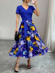 Women's Summer Knitted Patchwork Printed Mid-Length Dress - Multicolor - View 3