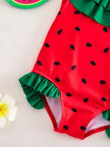 Baby Girl Patchwork Ruffled Hem Casual Beach Vacation Spaghetti Strap One-Piece Swimsuit - Red - View 6