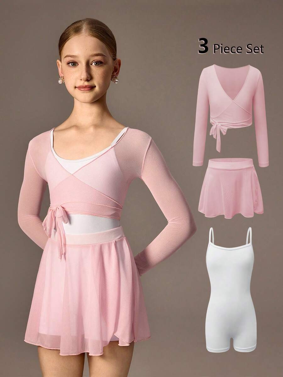 SHEIN Tween Girls Ballet 3 PiecesSet, White Leotard With Tulle Skirt And Sheer Jacket, Stretchy Fitted Fabric With Lightweight Mesh, Suitable For Ballet Training - Pink - View 1