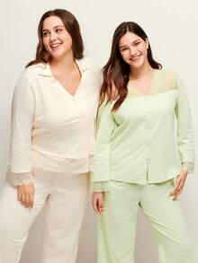 LUVLETTE Soft 100% Pure Cotton Lace Trim Button-Up Top & Pants Loungewear Pajama Set Pyjama - Mint Green - View 12