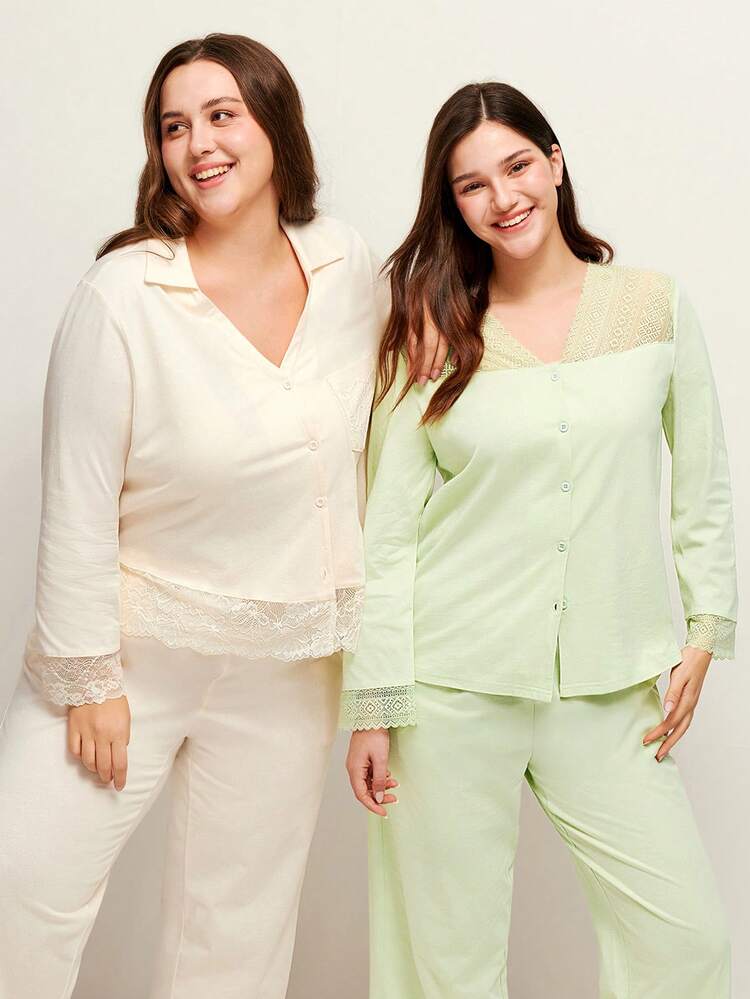 Soft 100% Pure Cotton Lace Trim Button-Up Top & Pants Loungewear Pajama Set Pyjama Cotton Pajamas
