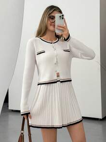 SHEIN Elegant Two Pieces Knit Set With Contrast Trim Button Cardigan And Pleated Skirt Preppy Chic Style Spring Summer Outfit - White - View 1