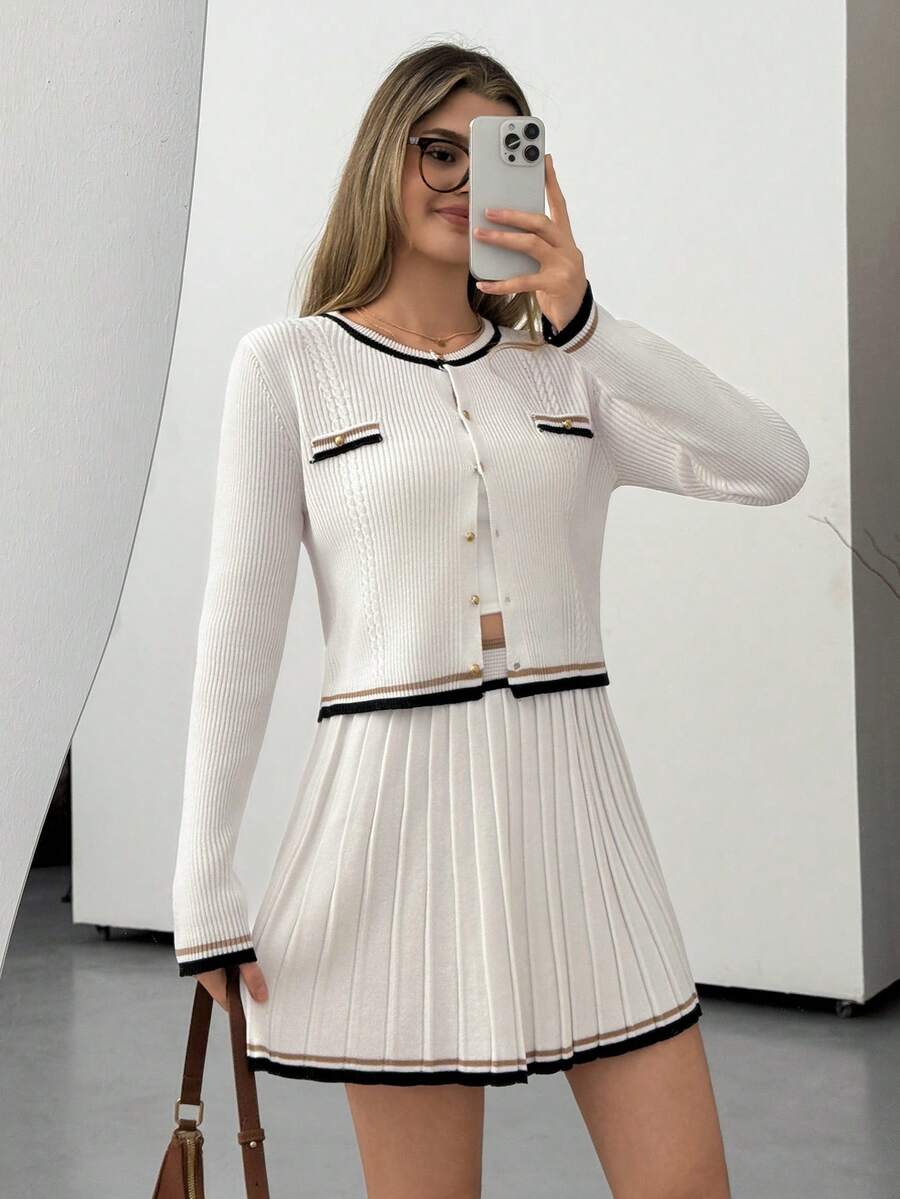 SHEIN Elegant Two Pieces Knit Set With Contrast Trim Button Cardigan And Pleated Skirt Preppy Chic Style Spring Summer Outfit - White - View 1