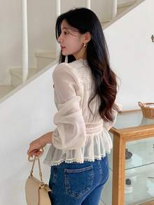 DAZY 女士V领收腰蕾丝拼接雪纺衬衫 - 杏色 - 查看 7