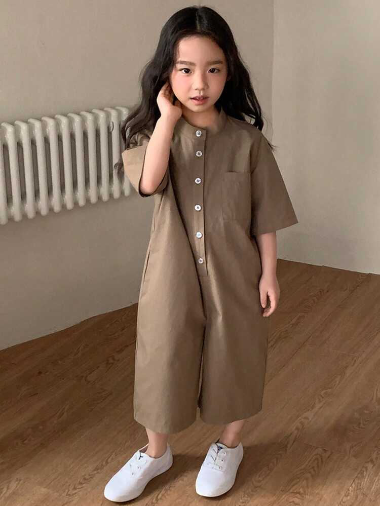 Young Girl' Solid Color Casual Short Sleeve Jumpsuit
