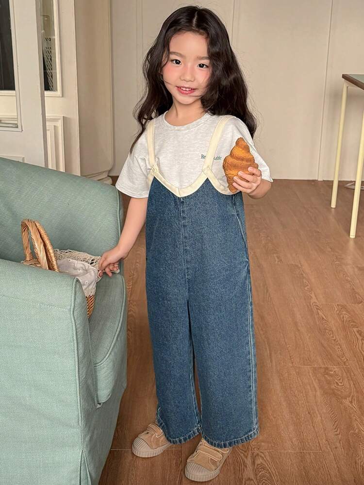 Young Girl' Contrast Color Korean Style Washed Denim Bib Overalls And Jumpsuit