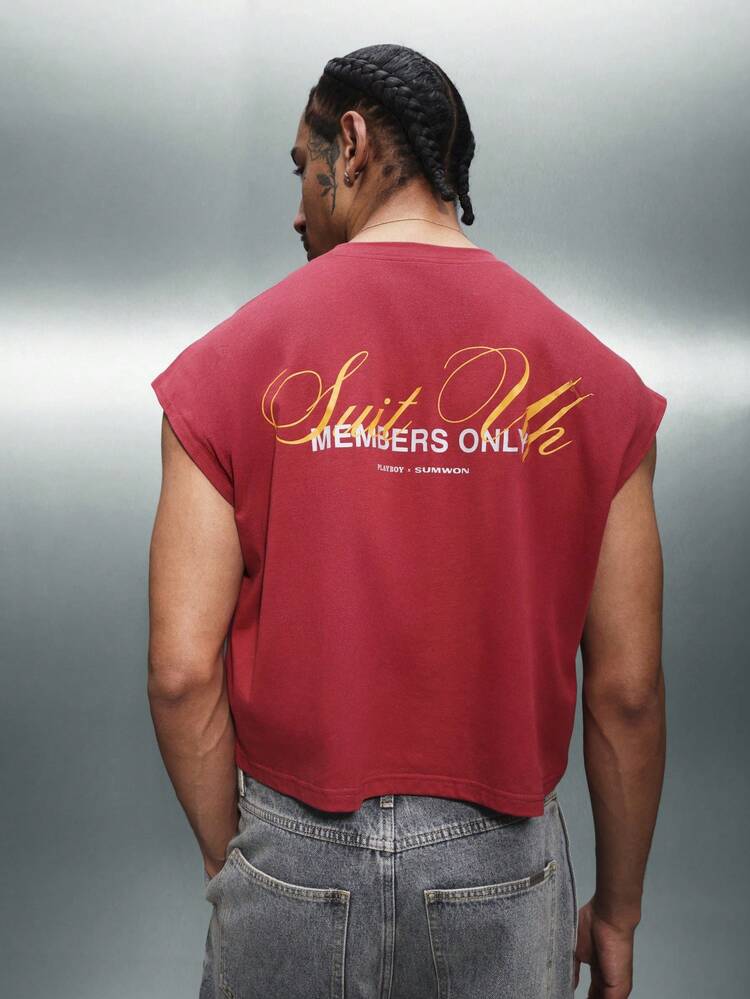 PLAYBOY X SUMWON メンバーズオンリー ノースリーブタンクトップ、胸にスクリプトロゴプリント、バックにグラフィックデザイン、カジュアルな夏のストリートウェア