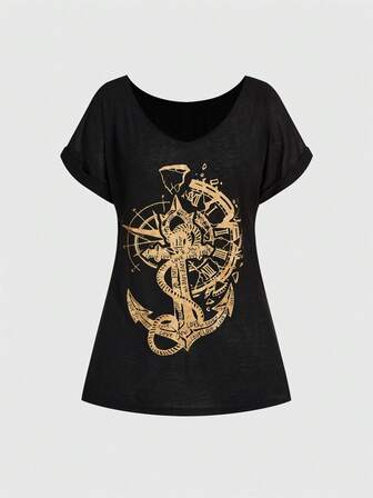 Grunge Punk Damen Lässig Dark Romantic Punk Piratenschiff Anker Buchstaben Muster Oversized Rundhals Fledermausärmel Kurzarm T-Shirt, Sommer