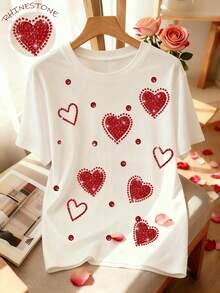 GlowEve 女士休闲爱心水钻装饰圆领短袖T恤，夏季 - 白色 - 查看 7