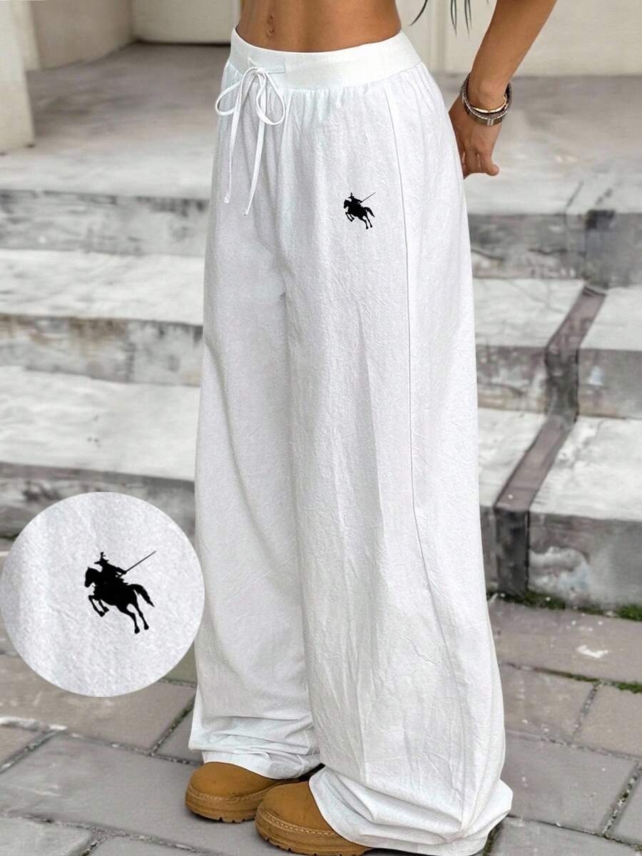 SHEIN Pantalones blancos de algodón 100% con cintura elástica, pantalones de pierna ancha, para uso diario informal de niña preadolescente, de vuelta al colegio - Blanco - Ver 1