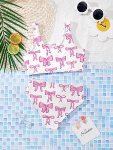 SHEIN Cute Ballet Style Pink Bow Print Pattern, Ins Vibe, Sisterly Matching Set, Young Girls Casual Minimalist Camisole & Triangle Bikini Swimsuit Set, Suitable For Summer, Playdate, Weekend Casual, Family Outing, Photoshoot Outfits, Tropical Print, Beach Vacation Photo Shoot Matching, Mommy And Me, First Beach Trip - Multicolor - View 4