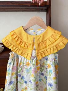 SHEIN LMoss Kids Vestido ajustado con cuello Peter Pan y estampado floral pequeño para niña, conjunto de ropa para vacaciones - Amarillo - Ver 9