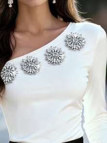 Balvessa 1pc Women's Rhinestone Embellished Slim Fit Elegant Long Sleeve Asymmetrical Shoulder T-Shirt, White - White - View 3