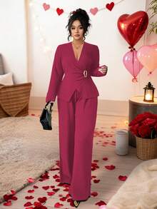Elenzga Plus Size Women's French Style Elegant Textured Chiffon Long Sleeve 2-Piece Set,Magenta Autumn Office Classy Lounge Pant Sets - Hot Pink - View 8