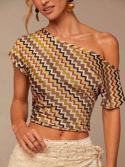 COSMINA Asymmetric-Shoulder Short Sleeve Top, Summer Vacation Top, BOHO Style Top, Multi-Color Top, Unique Top, Beach Vacation Top