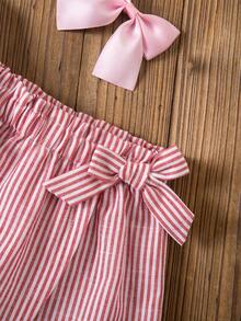 SHEIN Babygirl Cute Vacation Casual White Tank Top And Striped Shorts Set - Pink - View 5