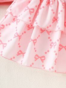 1 set Top à manches courtes avec volants et imprimé nœud et jupe à volants pour bébé fille. Style mignon et girly. Ensemble léger et respirant de 2 pièces adorable pour les sorties quotidiennes et les jeux. Tenue de mode printemps et été - Vieux Rose - Voir 6