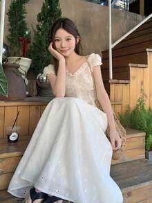 DAZY 女士V领蕾丝休闲韩版衬衫+半裙两件套 - 白色 - 查看 7