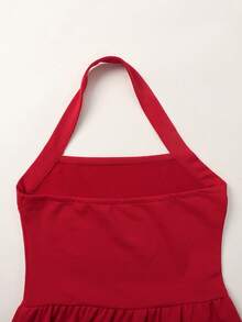 SHEIN 少女休闲优雅红色针织吊带修身荷叶边A字连衣裙，适合情人节、万圣节、派对、返校季穿着，带串珠装饰 - 紅色 - 查看 3