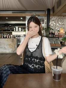 DAZY Women's Patchwork Bow Mesh Button V-Neck Sleeveless Mini Dress - Black - View 4