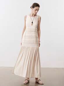 Aalyst 女士亚麻圆领宽松开衩下摆连衣裙，优雅法式复古风，适合通勤、商务、度假、海滩、休闲等多种场合，春夏新款 - 杏色 - 查看 4