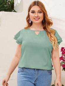Reflora Plus Size Women's Solid Color Keyhole Neck Ruffle Trim Short Sleeve Elegant Blouse - Mint Green - View 3