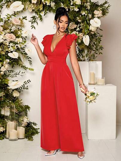 SOLERSUN Women's Elegant Deep V-Neck Ruched Backless Cinched Waist Double-Layered Ruffle Sleeves Wide Leg Pocket Jumpsuits,3D Floral Embellishments At The Waist,Suitable For Party Valentine's Day Dating