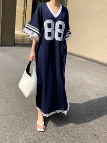 DAZY Women's Number Print V-Neck 3/4 Sleeve Casual Loose Long Dress Maxi Dress - Navy Blue - View 3