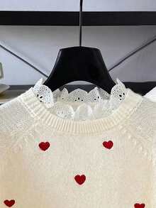 SHEIN كنزة قلب مطرزة بالدانتيل للمراهقات، كنزة قلب مطرزة مناسبة للخريف والشتاء، كنزة مكسرة مريحة للاستخدام اليومي والاحتفالات وفصلي الخريف والشتاء، مناسبة للارتداء اليومي والمدرسة والعطلات والمناسبات - لون مشمشي - مشاهدة 5