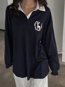 DAZY 女士休闲宽松落肩 T 恤，绣有鹿图案，图案 T 恤，返校服