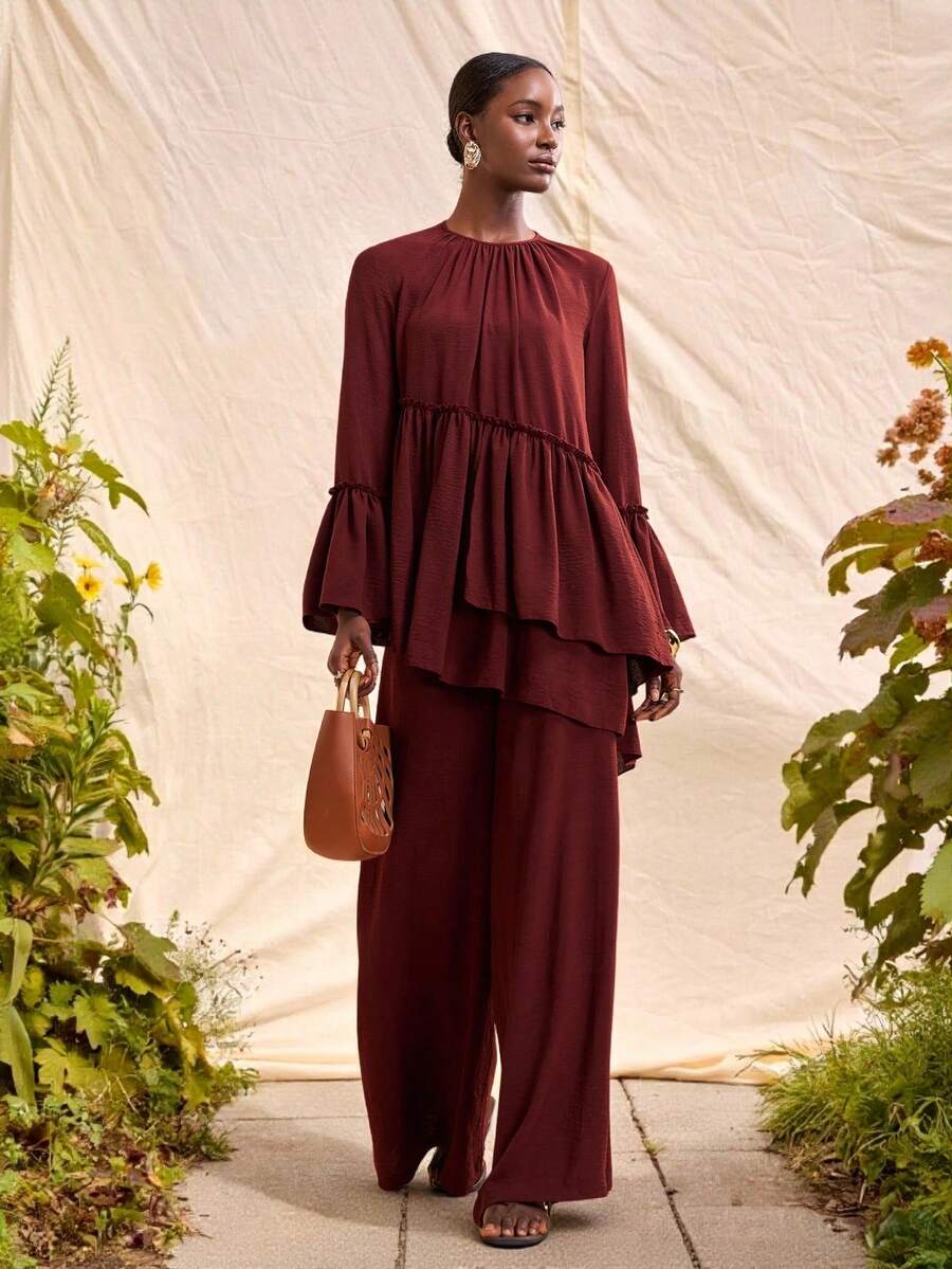 Zivah 2026春夏新款音乐节、复活节、圣帕特里克节、情人节、约会、西部风、游牧风、生日派对、节日、办公穿着圆领长袖荷叶边衬衫和松紧腰阔腿裤两件套