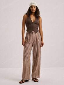 SHEIN VCAY Plus Size Casual Striped Loose Pants - Coffee Brown - View 2
