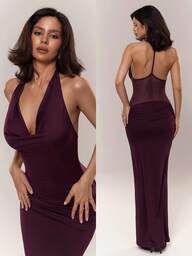 Aloruh 여성 패셔너블 섹시 솔리드 컬러 플런징 넥 피티드 롱 드레스