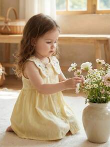 SHEIN Vintaside Kids 女婴可爱田园简约风高端刺绣图案背心和A字无袖公主竹纤维棉连衣裙，夏季 - 粉色 - 查看 7