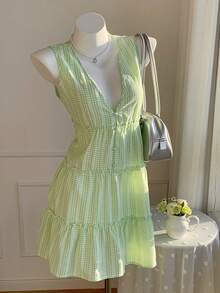 Comfortcana Women's Plaid V-Neck Button Design Frill Trim Sleeveless Mini Dress - Green - View 6